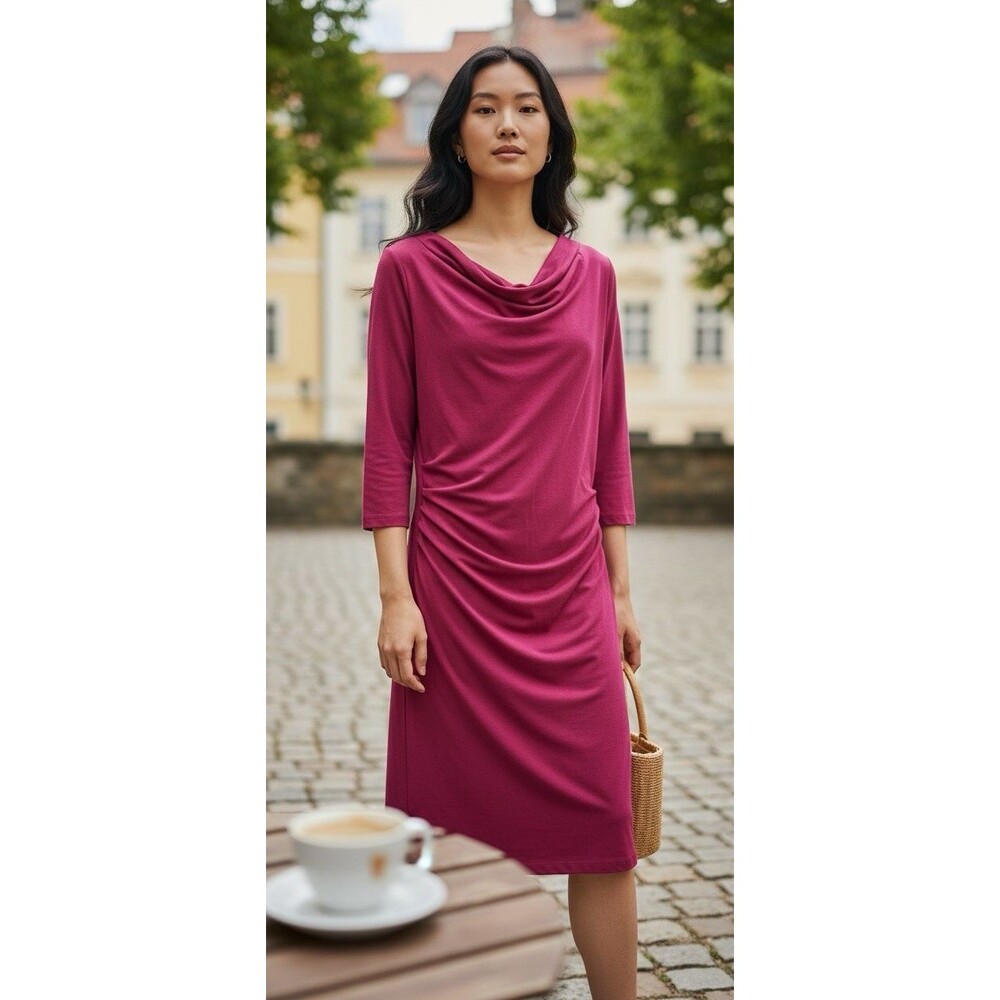 Pendleton womens maroon midi 3/4 sleeve boatneck cowl neck dress sz L minimalist